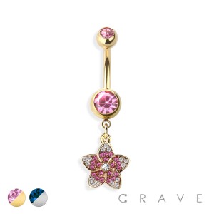 TROPICAL FLOWER CZ DANGLE 316L SURGICAL STEEL NAVEL RING